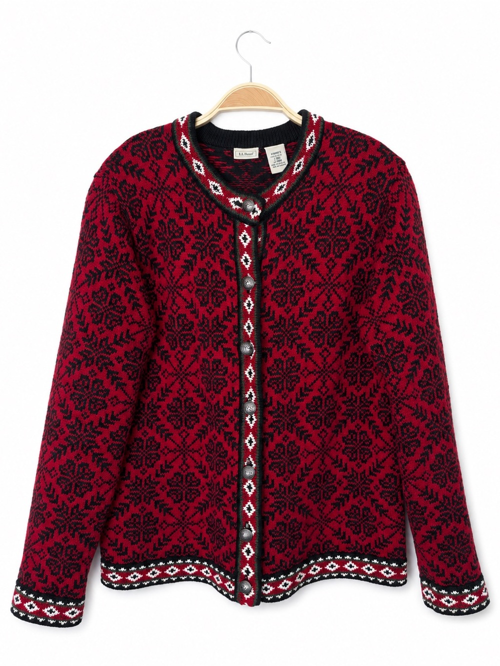 Vintage L.L.Bean Cotton Nordic Fair Isle Cardigan Women’s L Red Black